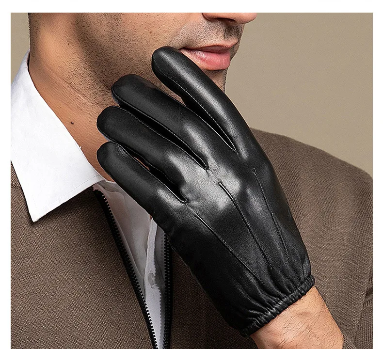 New 2022 Men Business Sheepskin Leather Gloves Winter Full Finger Touch Screen Brown Gloves Riding Motorcycle Gloves