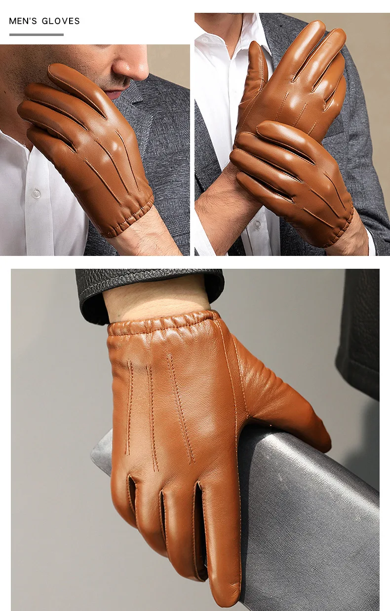 New 2022 Men Business Sheepskin Leather Gloves Winter Full Finger Touch Screen Brown Gloves Riding Motorcycle Gloves