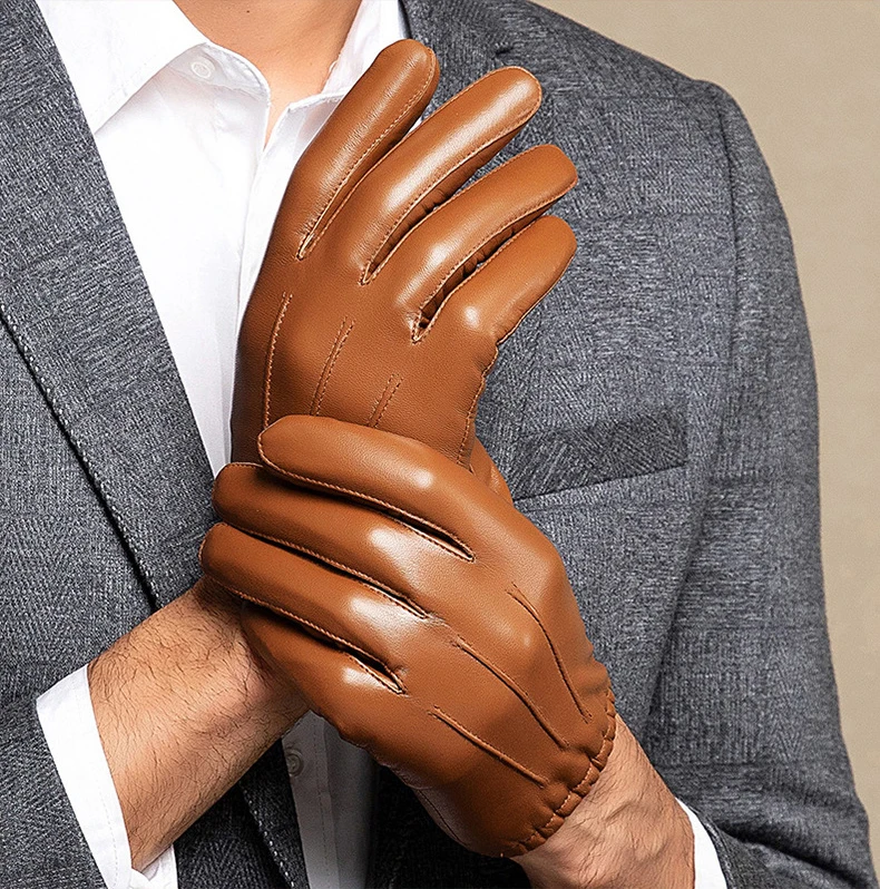 New 2022 Men Business Sheepskin Leather Gloves Winter Full Finger Touch Screen Brown Gloves Riding Motorcycle Gloves