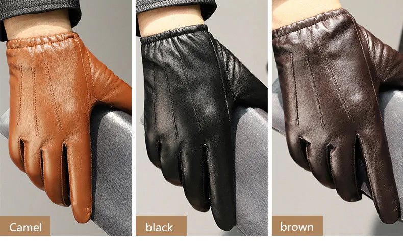 New 2022 Men Business Sheepskin Leather Gloves Winter Full Finger Touch Screen Brown Gloves Riding Motorcycle Gloves