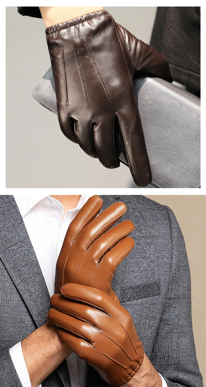 New 2022 Men Business Sheepskin Leather Gloves Winter Full Finger Touch Screen Brown Gloves Riding Motorcycle Gloves