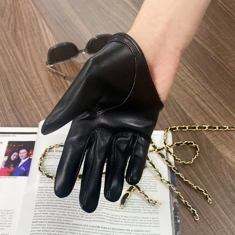 Women Black Sexy PU Leather Punk Style Half Palm Gloves Dancing Pole Dance Party Club Show Stage Performance Costume Mittens