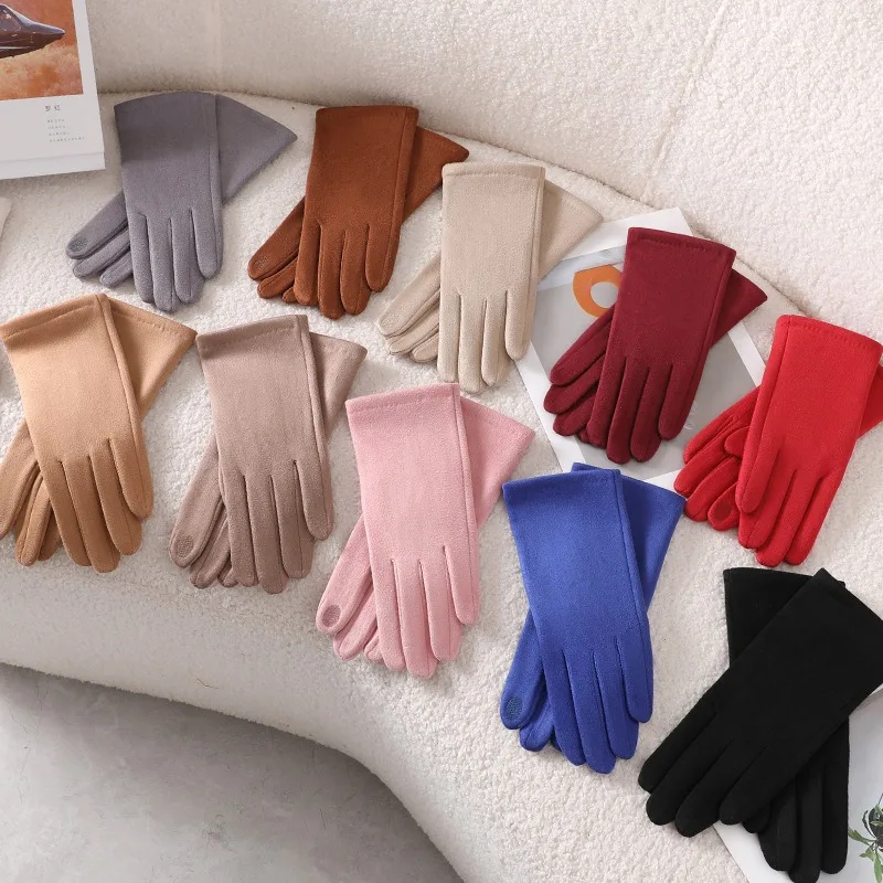 Simple Solid Style Fashion Elegant Women's Winter Suede Gloves Winter Keep Warm Touch Screen Add Velvet Thickened Elasticity Sof
