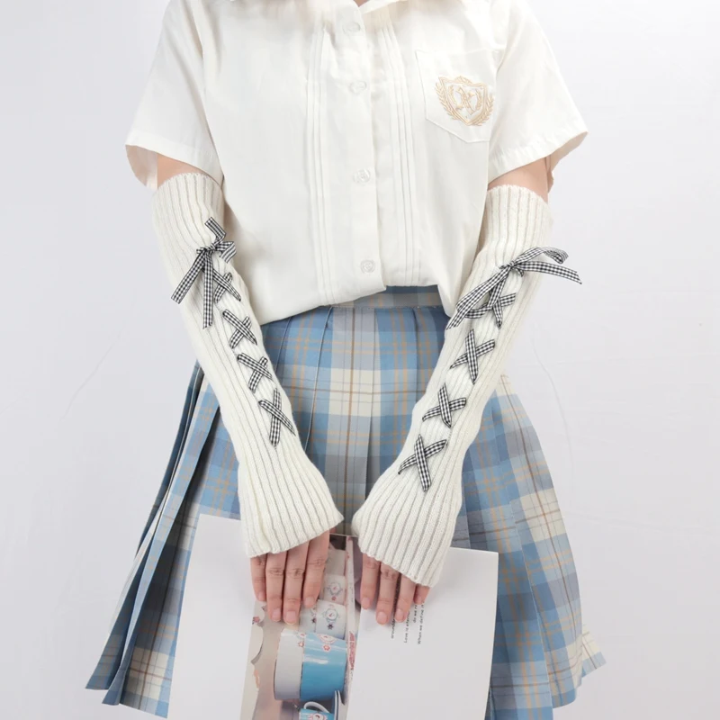 JK Girls Gloves Japanese Kawaii Lolita Fingerless Glove Elbow String Ribbon Ties Up Party Fingerless Gloves Harajuku Leg Warmers