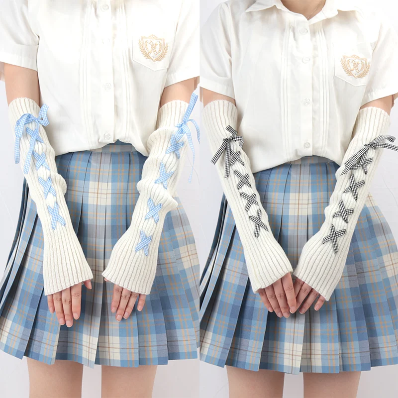 JK Girls Gloves Japanese Kawaii Lolita Fingerless Glove Elbow String Ribbon Ties Up Party Fingerless Gloves Harajuku Leg Warmers