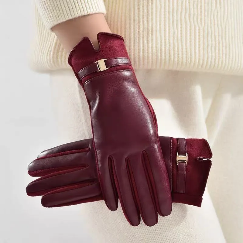 Women's Protein PU Leather Suede Touch Screen Compatible Fashion Commuting Thick Velvet Insulated Belt Buckle Riding Gloves