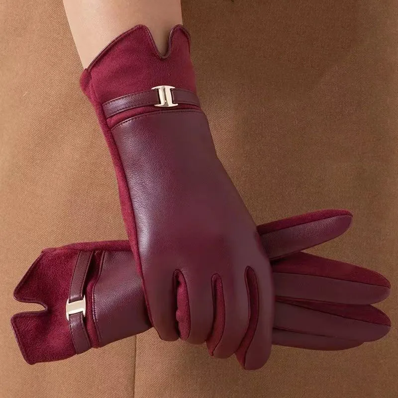 Women's Protein PU Leather Suede Touch Screen Compatible Fashion Commuting Thick Velvet Insulated Belt Buckle Riding Gloves