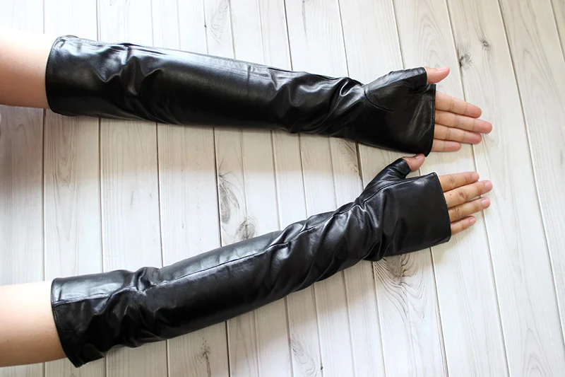 Super Long Sheepskin Fingerless Gloves Women Leather Sleeves Velvet Lining Autumn and Winter Fashion Half-Finger Gloves