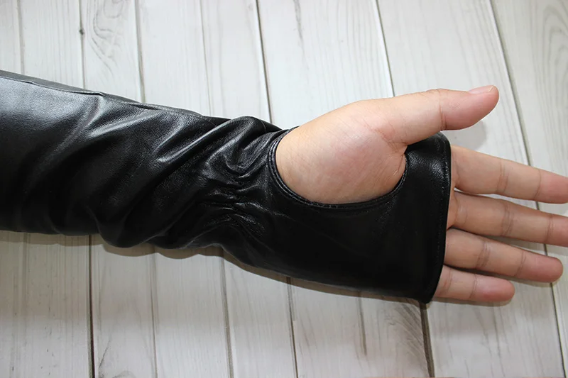Super Long Sheepskin Fingerless Gloves Women Leather Sleeves Velvet Lining Autumn and Winter Fashion Half-Finger Gloves