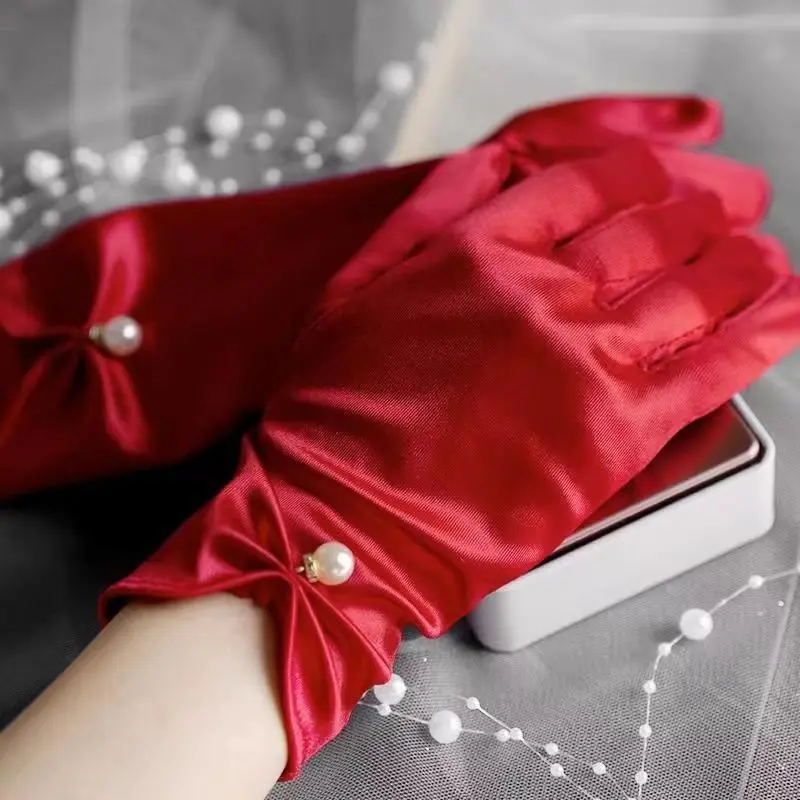Women's Satin Elegant Pearl Driving White Black Bridal Wedding Banquet Accessories Short Etiquette Dress Gloves