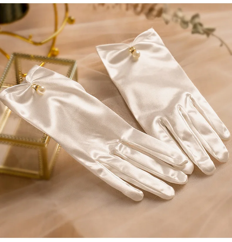 Women's Satin Elegant Pearl Driving White Black Bridal Wedding Banquet Accessories Short Etiquette Dress Gloves