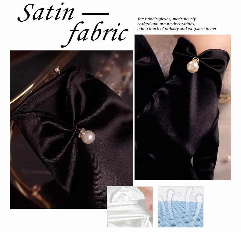 Women's Satin Elegant Pearl Driving White Black Bridal Wedding Banquet Accessories Short Etiquette Dress Gloves