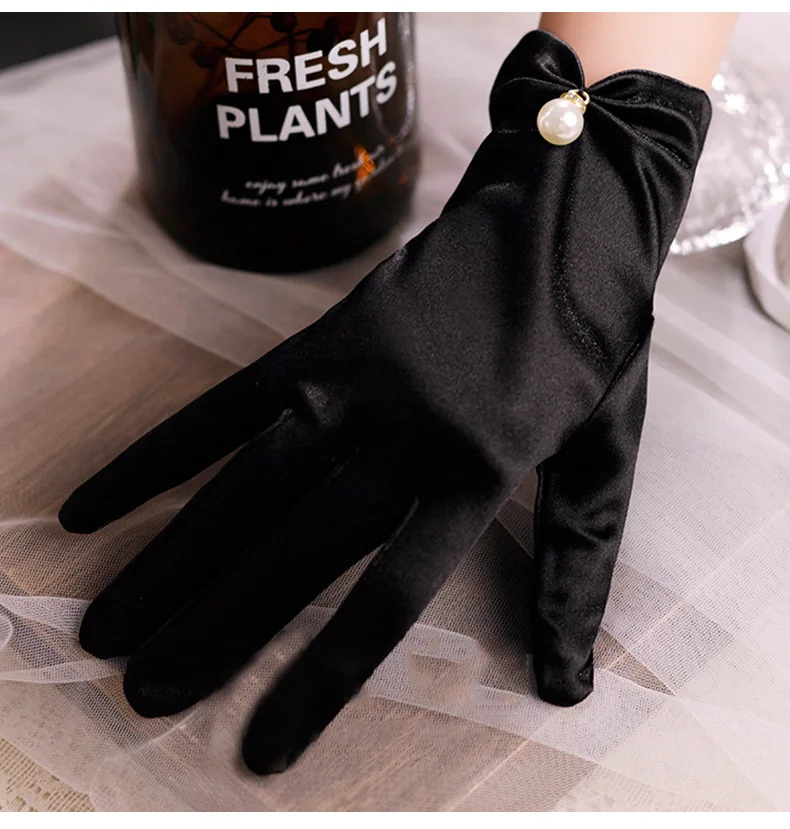 Women's Satin Elegant Pearl Driving White Black Bridal Wedding Banquet Accessories Short Etiquette Dress Gloves