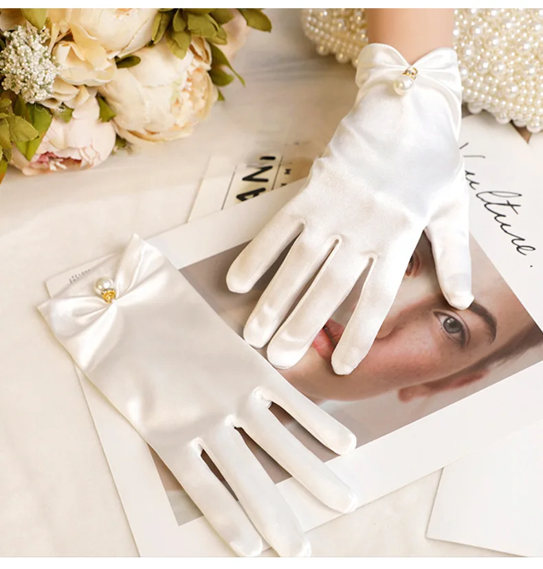 Women's Satin Elegant Pearl Driving White Black Bridal Wedding Banquet Accessories Short Etiquette Dress Gloves