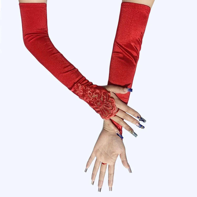 48cm Long Satin Sexy Lace Embroidery Hook Finger Gloves Retro Party Women Etiquette Drive Cosplay Dinner Dance Mittens