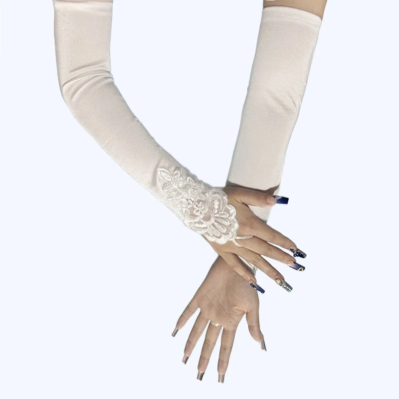 48cm Long Satin Sexy Lace Embroidery Hook Finger Gloves Retro Party Women Etiquette Drive Cosplay Dinner Dance Mittens