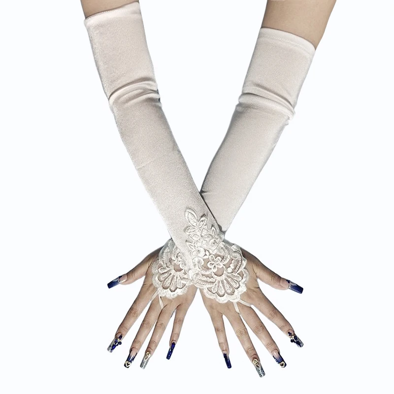 48cm Long Satin Sexy Lace Embroidery Hook Finger Gloves Retro Party Women Etiquette Drive Cosplay Dinner Dance Mittens