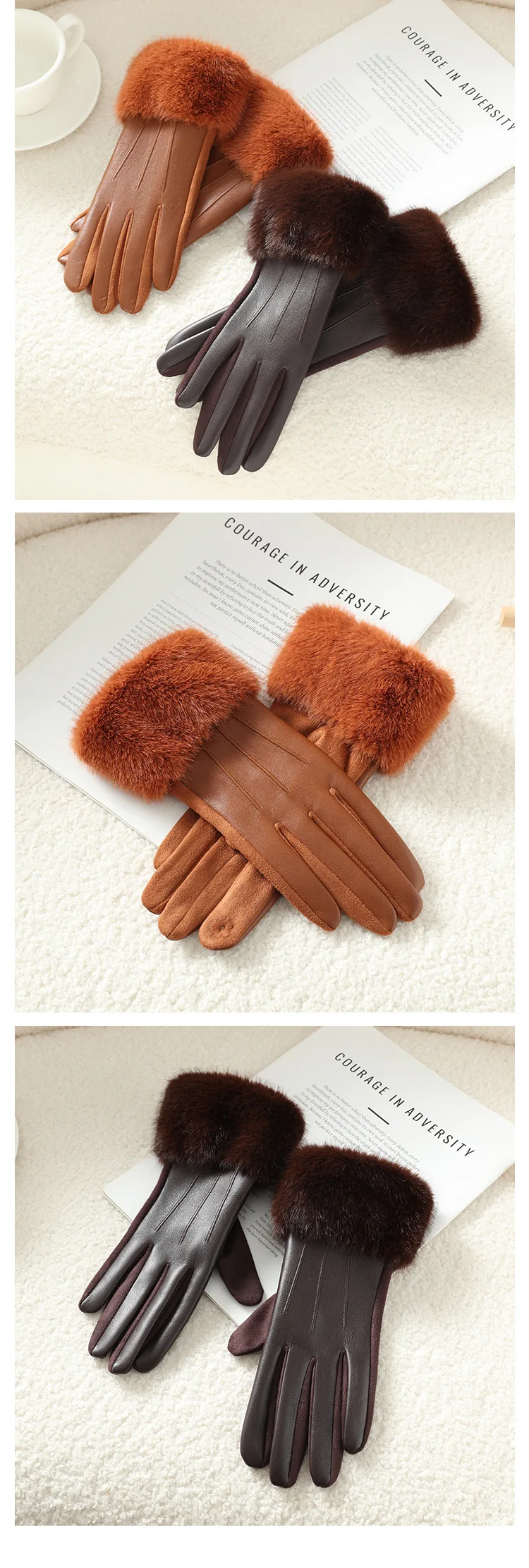 2025 Women Luxury Leather Soft Faux Fur Trim Cuff Fashion Elegant Wrist Winter Party Warm Touch Screen Thick Windproof Gloves