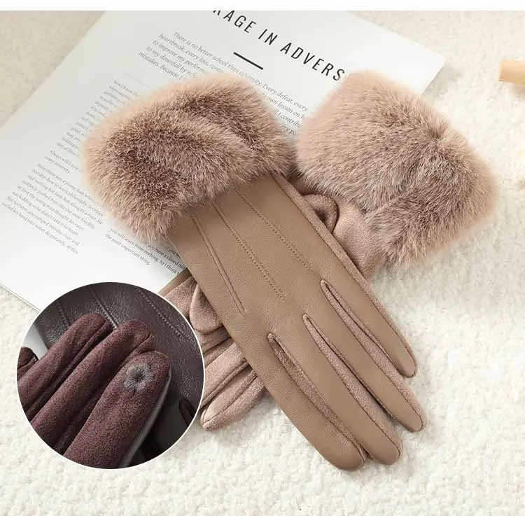 2025 Women Luxury Leather Soft Faux Fur Trim Cuff Fashion Elegant Wrist Winter Party Warm Touch Screen Thick Windproof Gloves
