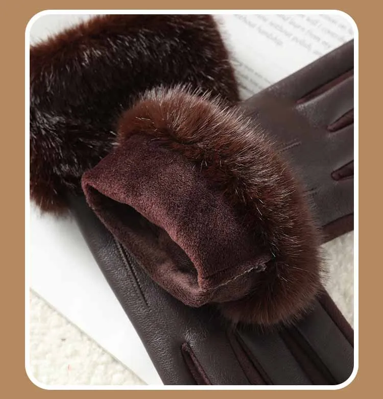 2025 Women Luxury Leather Soft Faux Fur Trim Cuff Fashion Elegant Wrist Winter Party Warm Touch Screen Thick Windproof Gloves
