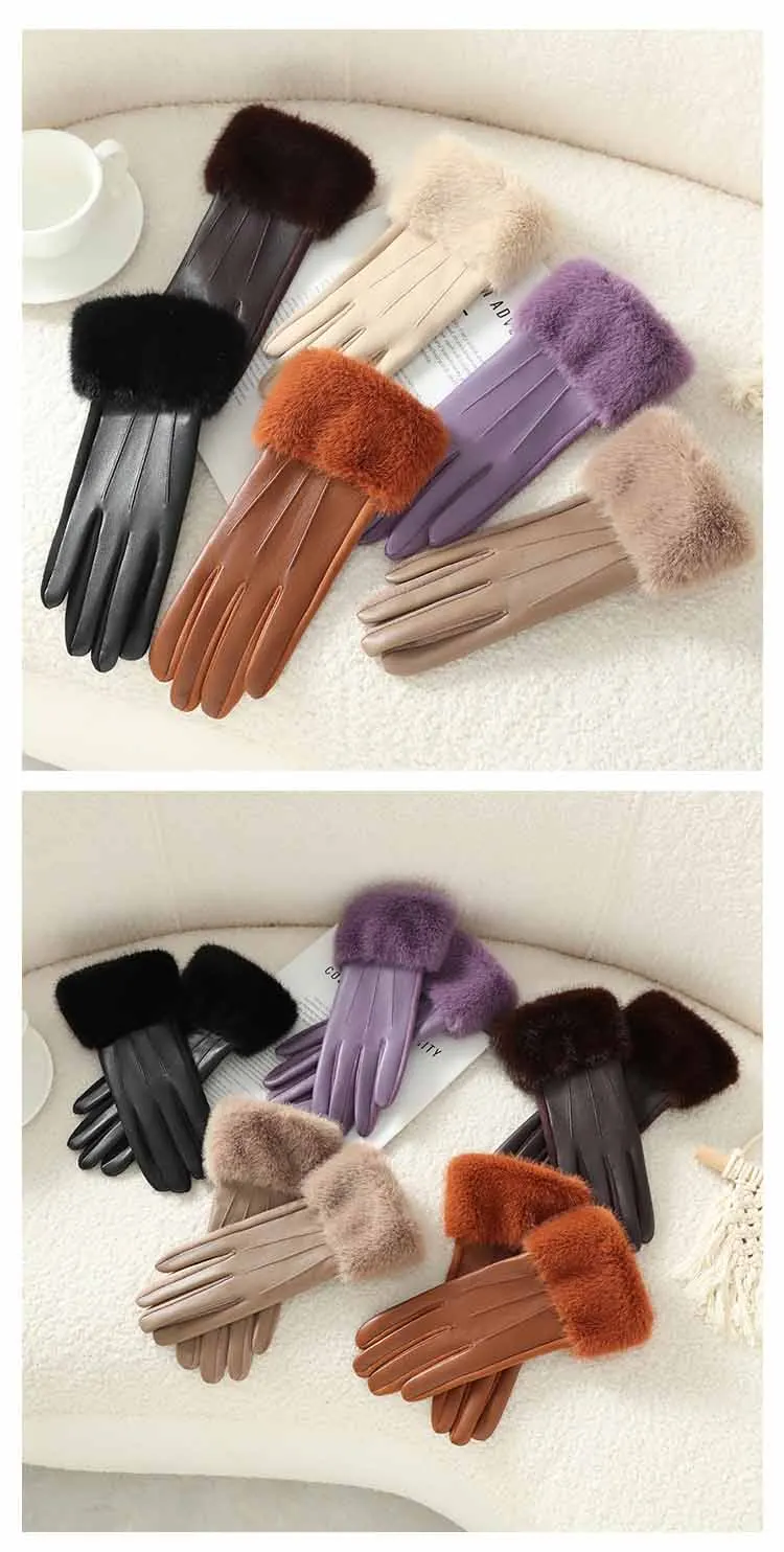 2025 Women Luxury Leather Soft Faux Fur Trim Cuff Fashion Elegant Wrist Winter Party Warm Touch Screen Thick Windproof Gloves