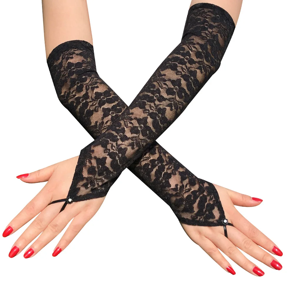 1 Pairs Sexy Women Fingerless Bridal Gloves Long Style Rhinestone White Lace Mittens White Black Red Wedding Accessories