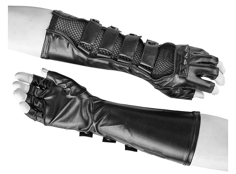 PUNK RAVE Steampunk Black Locomotive Men Long Gloves Gothic Fashion Rock Rivets Mesh+PU Leather Coated Male Rivet Glove One Pair