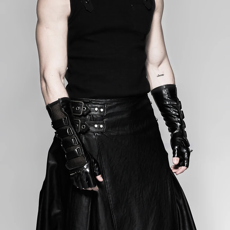 PUNK RAVE Steampunk Black Locomotive Men Long Gloves Gothic Fashion Rock Rivets Mesh+PU Leather Coated Male Rivet Glove One Pair