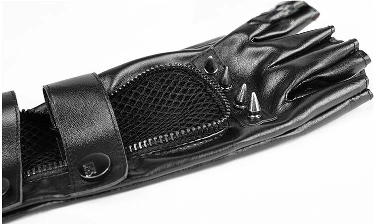 PUNK RAVE Steampunk Black Locomotive Men Long Gloves Gothic Fashion Rock Rivets Mesh+PU Leather Coated Male Rivet Glove One Pair