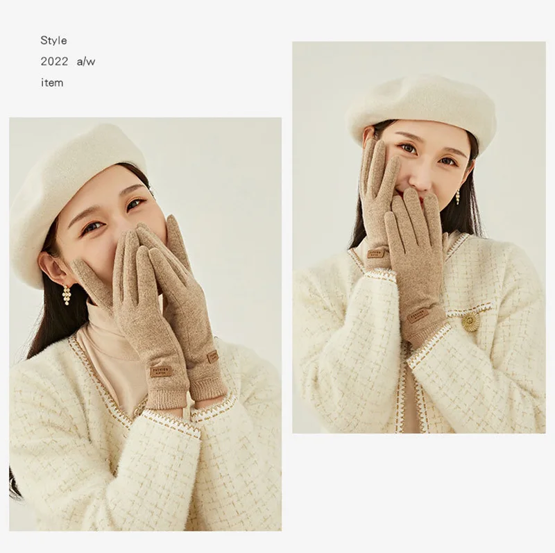 Women Winter Outdoor Sport Stretch Knit Wrist Cycling Warm Driving Mitten Cashmere Wool Plush Thick Touch Screen Glove P29