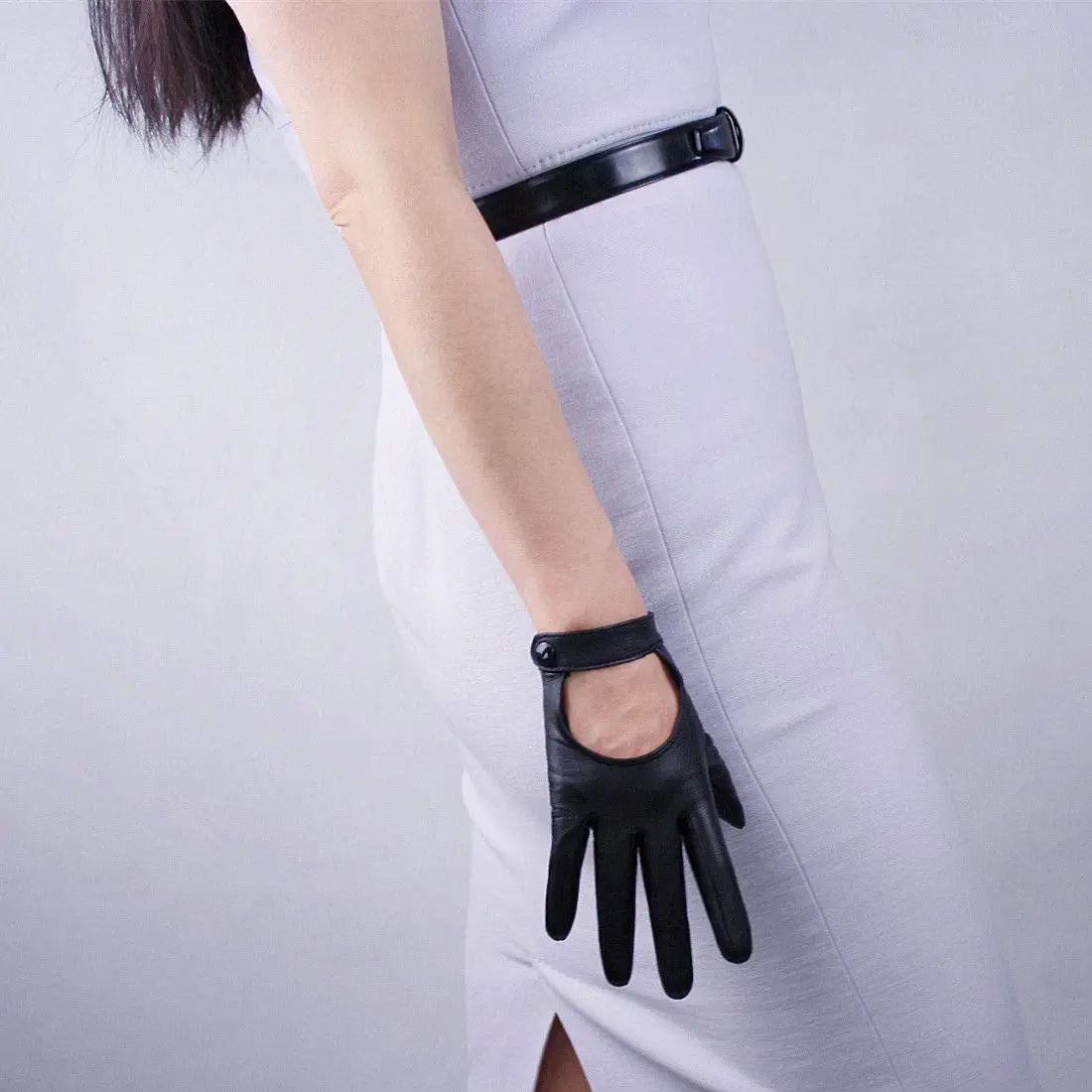 Women's Car Driving GLOVES Red Leather Genuine Sheepskin TECH Short Wrist Motorcycle Glove Belt with Button Closure Costume