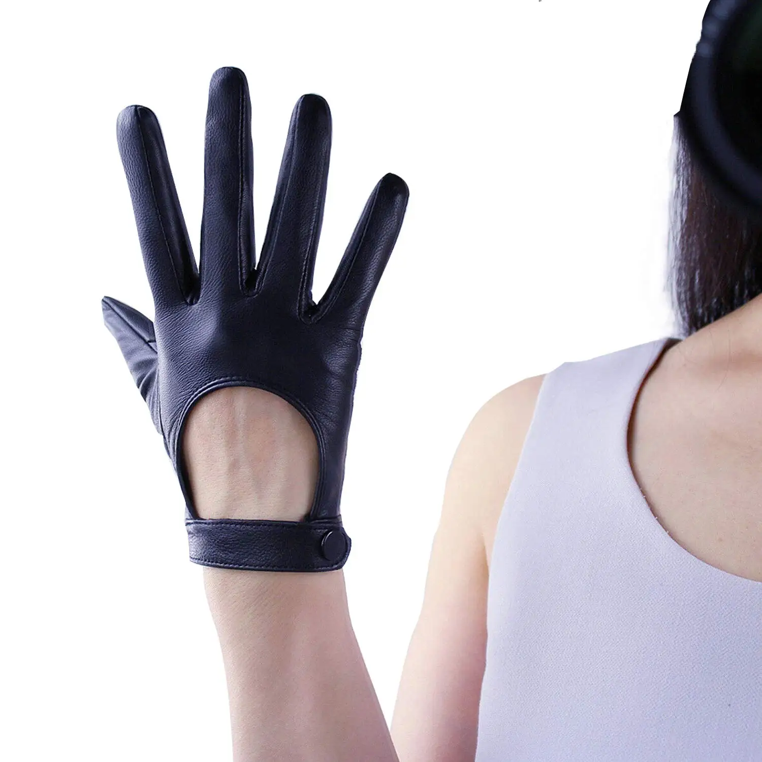 Women's Car Driving GLOVES Red Leather Genuine Sheepskin TECH Short Wrist Motorcycle Glove Belt with Button Closure Costume