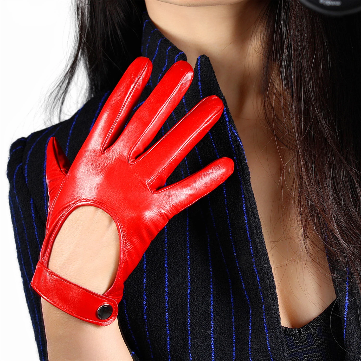 Women's Car Driving GLOVES Red Leather Genuine Sheepskin TECH Short Wrist Motorcycle Glove Belt with Button Closure Costume