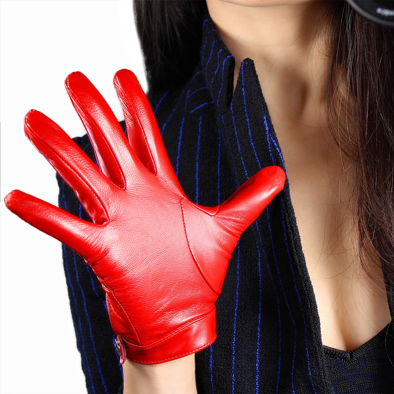 Women's Car Driving GLOVES Red Leather Genuine Sheepskin TECH Short Wrist Motorcycle Glove Belt with Button Closure Costume