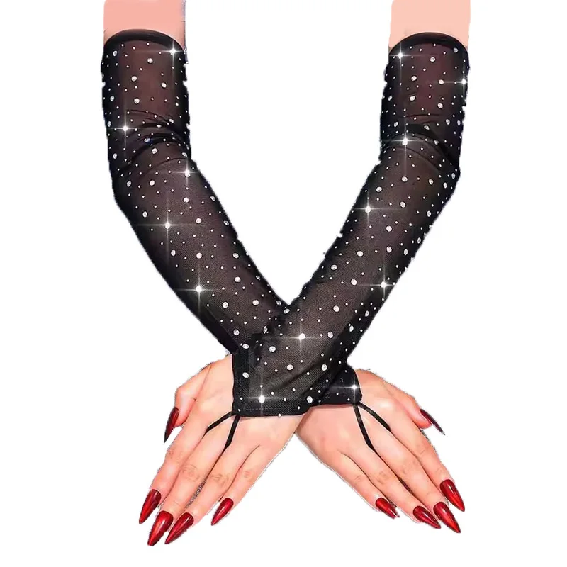Women Rhinestone Mesh Hook Finger Long Gloves Sexy Party Transparent Breathable Fingerless Gloves Elasticity Arm Sleeves