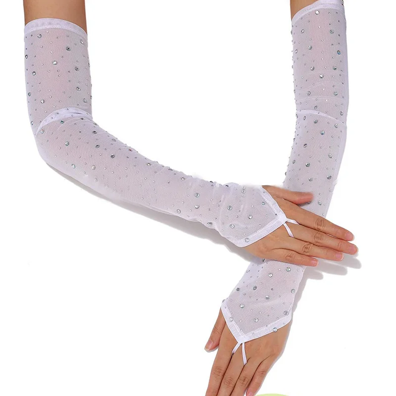 Women Rhinestone Mesh Hook Finger Long Gloves Sexy Party Transparent Breathable Fingerless Gloves Elasticity Arm Sleeves
