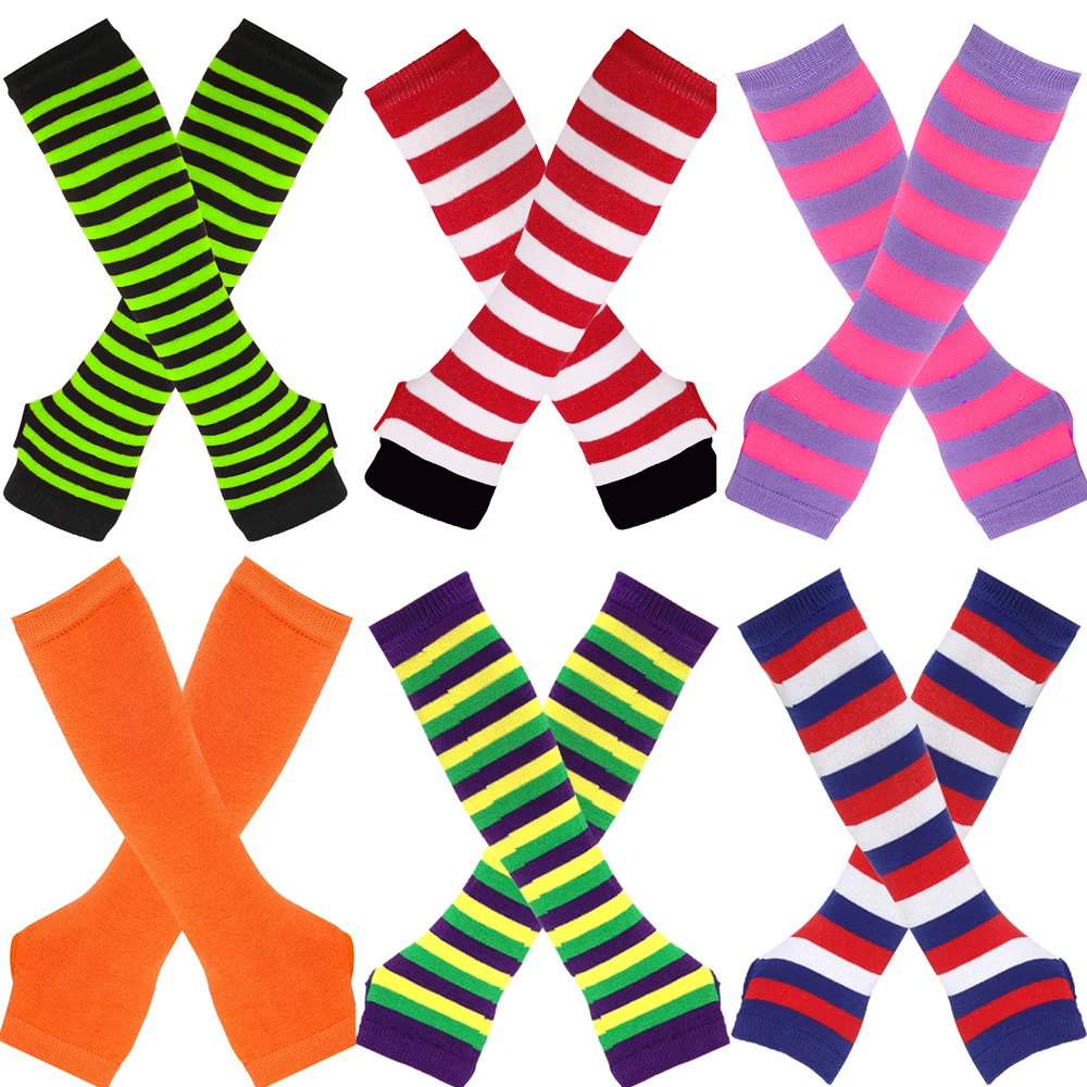 Y2K Fashion Women Girls Striped Elbow Gloves Warmer Knitted Long Fingerless Gloves Christmas Emo Gloves Mittens Arm Warmer