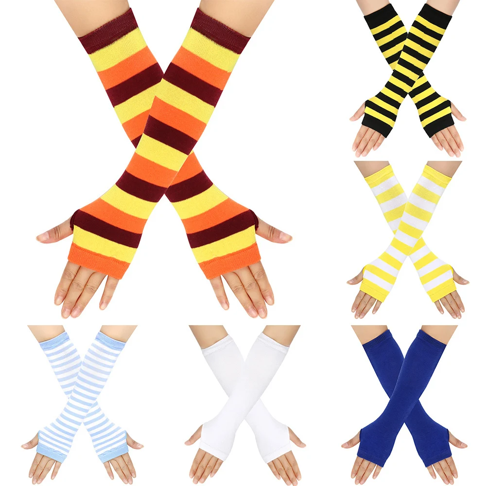 Y2K Fashion Women Girls Striped Elbow Gloves Warmer Knitted Long Fingerless Gloves Christmas Emo Gloves Mittens Arm Warmer