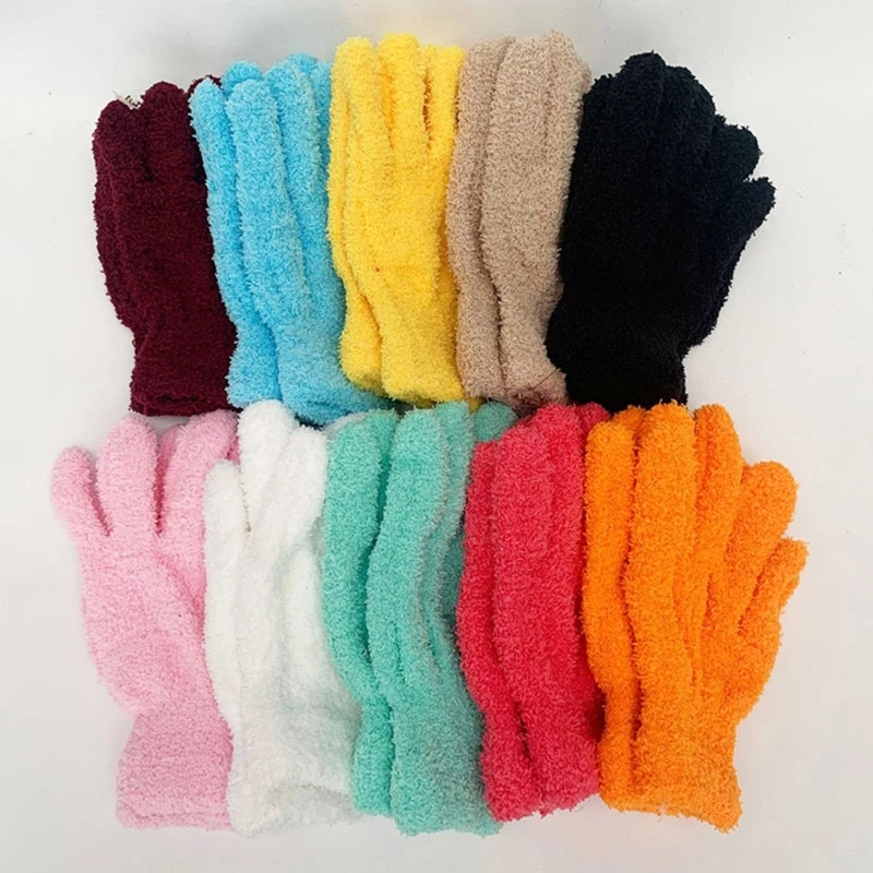 Winter Warm Coral Velvet Gloves Women Sweet Solid Candy Color Full Finger Mittens Girls Thicken Outdoor Stretchy Ski Gloves