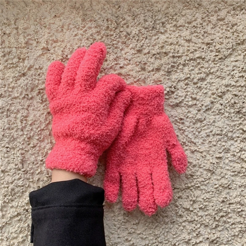 Winter Warm Coral Velvet Gloves Women Sweet Solid Candy Color Full Finger Mittens Girls Thicken Outdoor Stretchy Ski Gloves