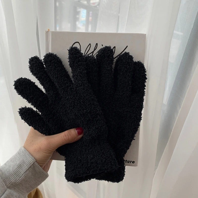 Winter Warm Coral Velvet Gloves Women Sweet Solid Candy Color Full Finger Mittens Girls Thicken Outdoor Stretchy Ski Gloves