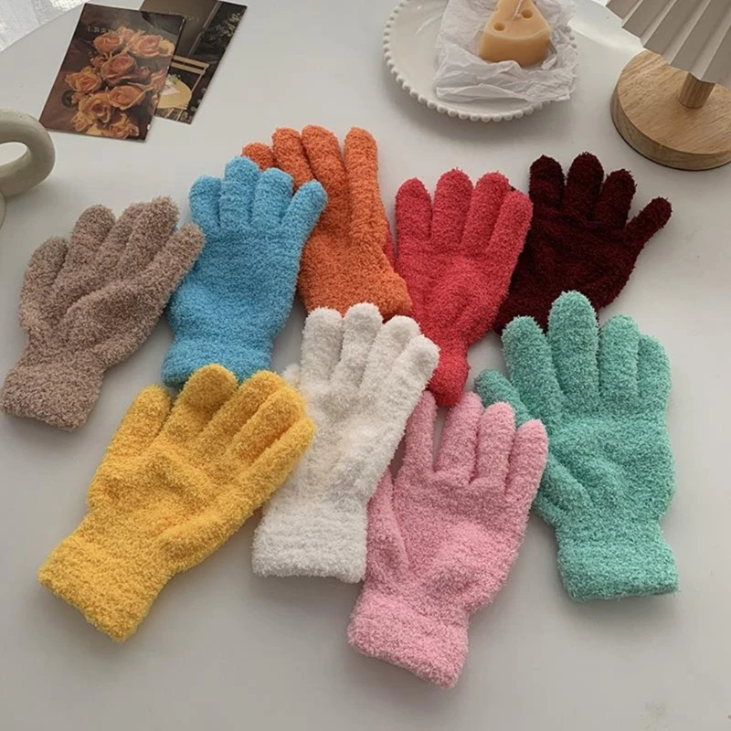 Winter Warm Coral Velvet Gloves Women Sweet Solid Candy Color Full Finger Mittens Girls Thicken Outdoor Stretchy Ski Gloves