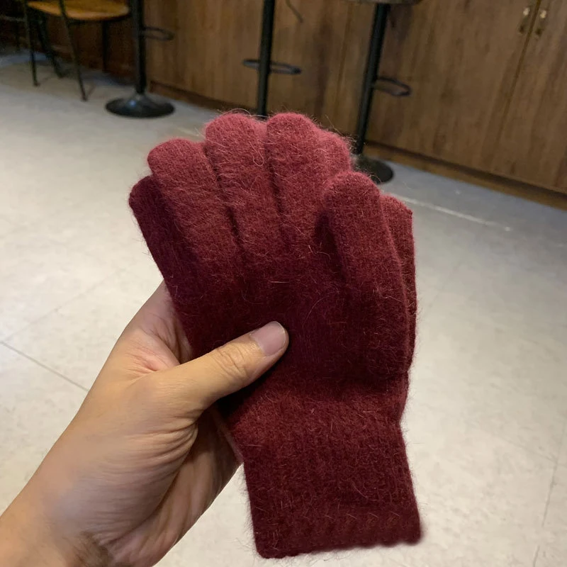Winter Keep Warm Solid Five Finger Gloves Women Cashmere Outdoor Thick Cycling Driving Fashion Knitted Woolen Gloves