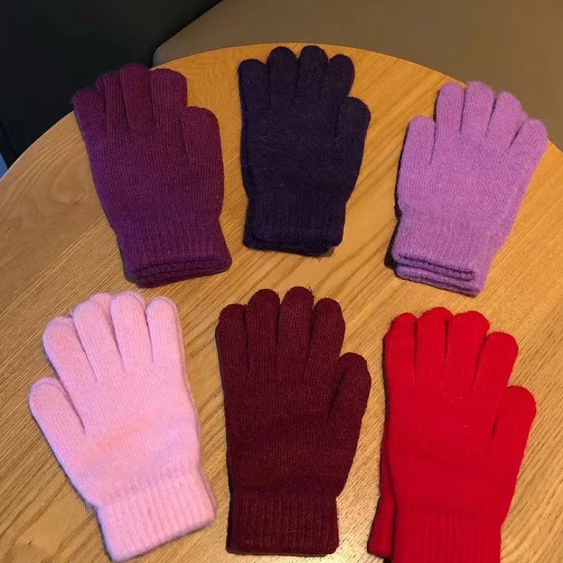 Winter Keep Warm Solid Five Finger Gloves Women Cashmere Outdoor Thick Cycling Driving Fashion Knitted Woolen Gloves