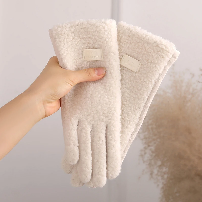Fashion Imitation Fleece Winter Keep Warm Gloves Women Touch Screen Thickened Cycling Driving Windproof Cold Proof Mittens