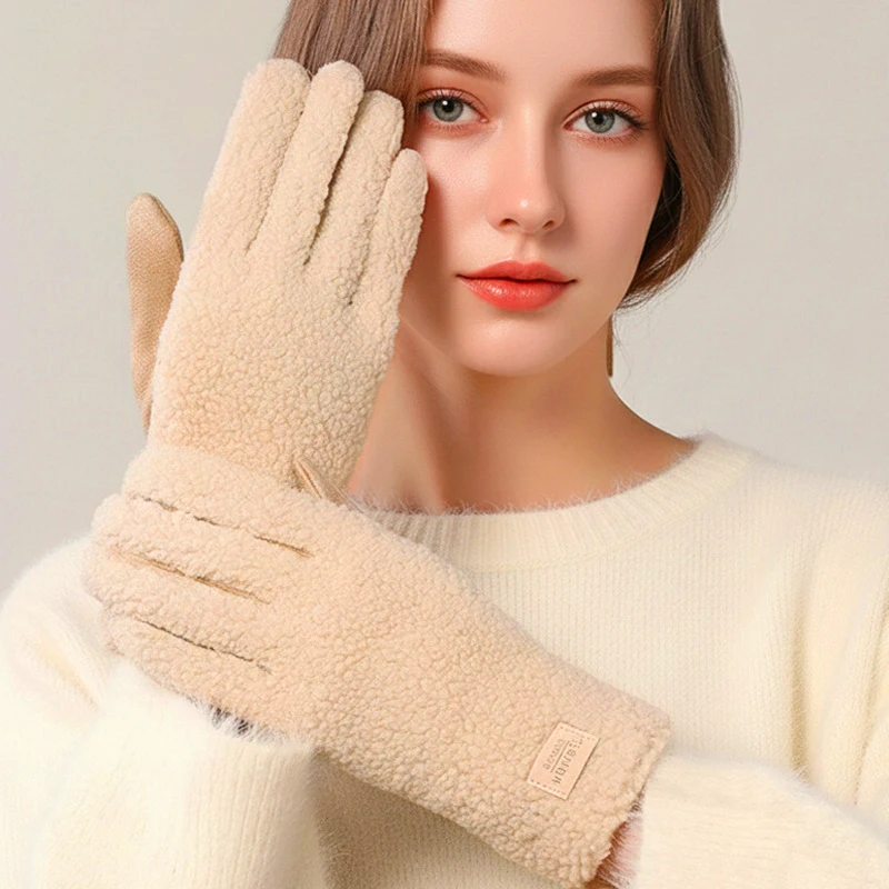 Fashion Imitation Fleece Winter Keep Warm Gloves Women Touch Screen Thickened Cycling Driving Windproof Cold Proof Mittens