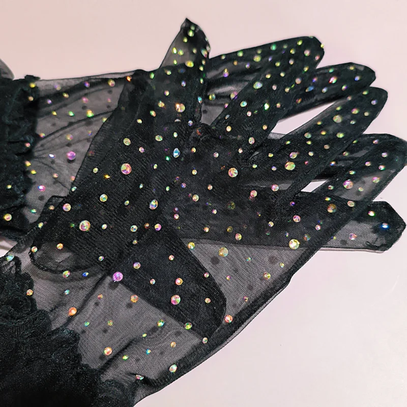 Thin Breathable Mesh Shiny Rhinestones Women Sexy Short Gloves Tulle Colorful Diamond Party Cosplay Photography Accessories