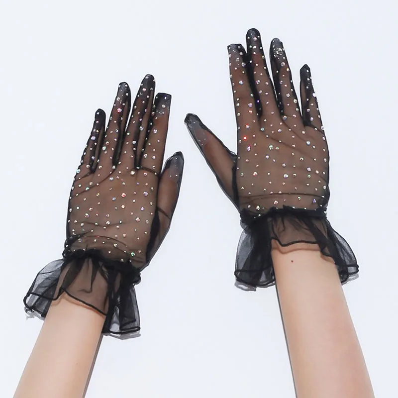 Thin Breathable Mesh Shiny Rhinestones Women Sexy Short Gloves Tulle Colorful Diamond Party Cosplay Photography Accessories