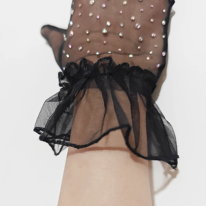 Thin Breathable Mesh Shiny Rhinestones Women Sexy Short Gloves Tulle Colorful Diamond Party Cosplay Photography Accessories