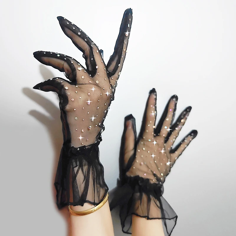 Thin Breathable Mesh Shiny Rhinestones Women Sexy Short Gloves Tulle Colorful Diamond Party Cosplay Photography Accessories